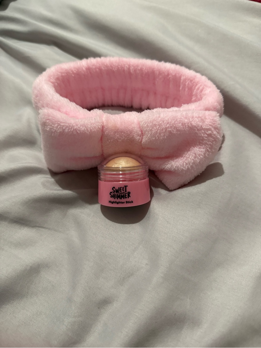Pink Plush Bow Headband with Sweet Shimmer  body glitter/Highlighter